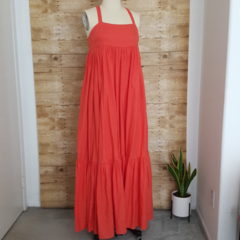 JCREW Linen Empire Maxi Dress in Tangerine/Salmon
